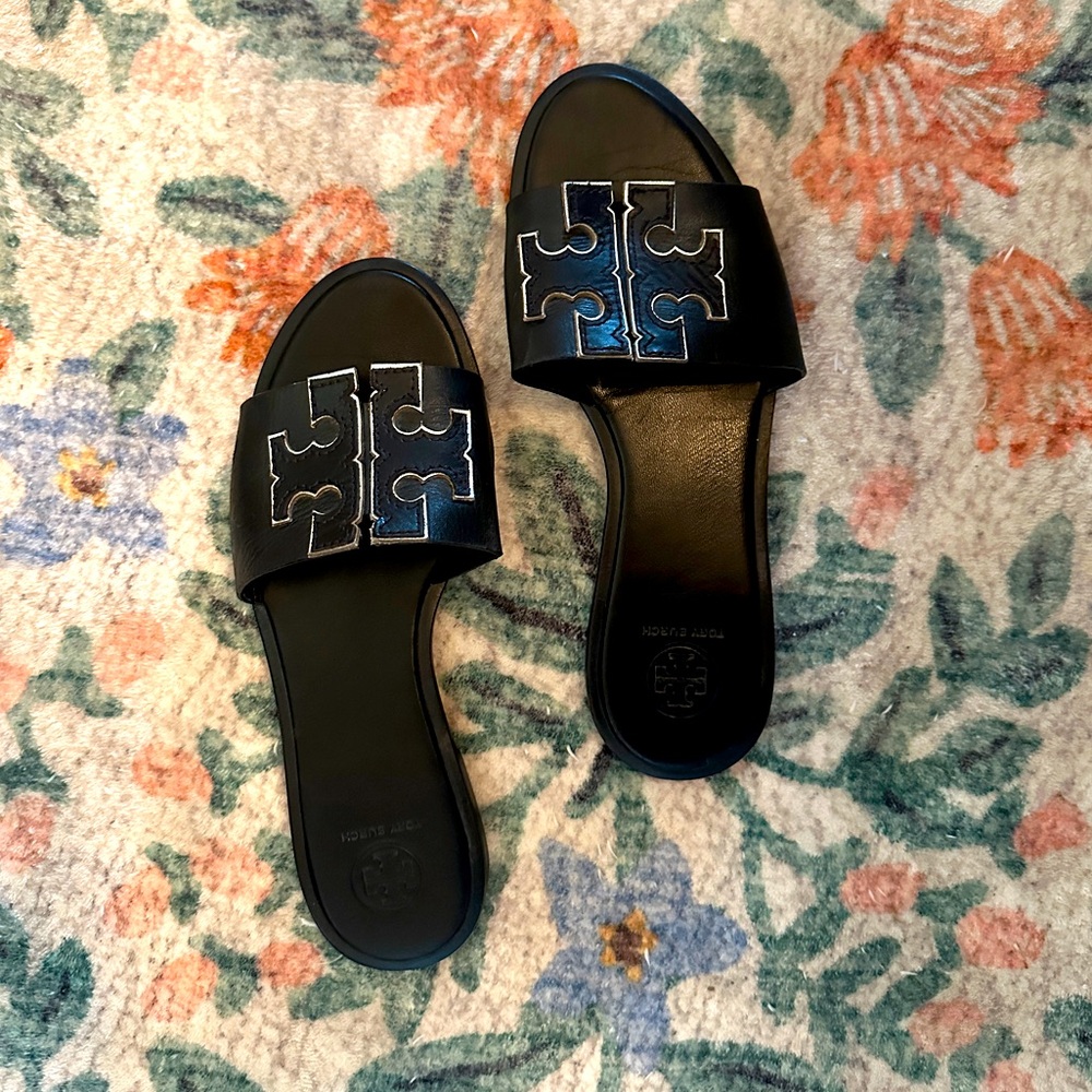 Tory Burch Slides Black Leather 7.5 Sandals